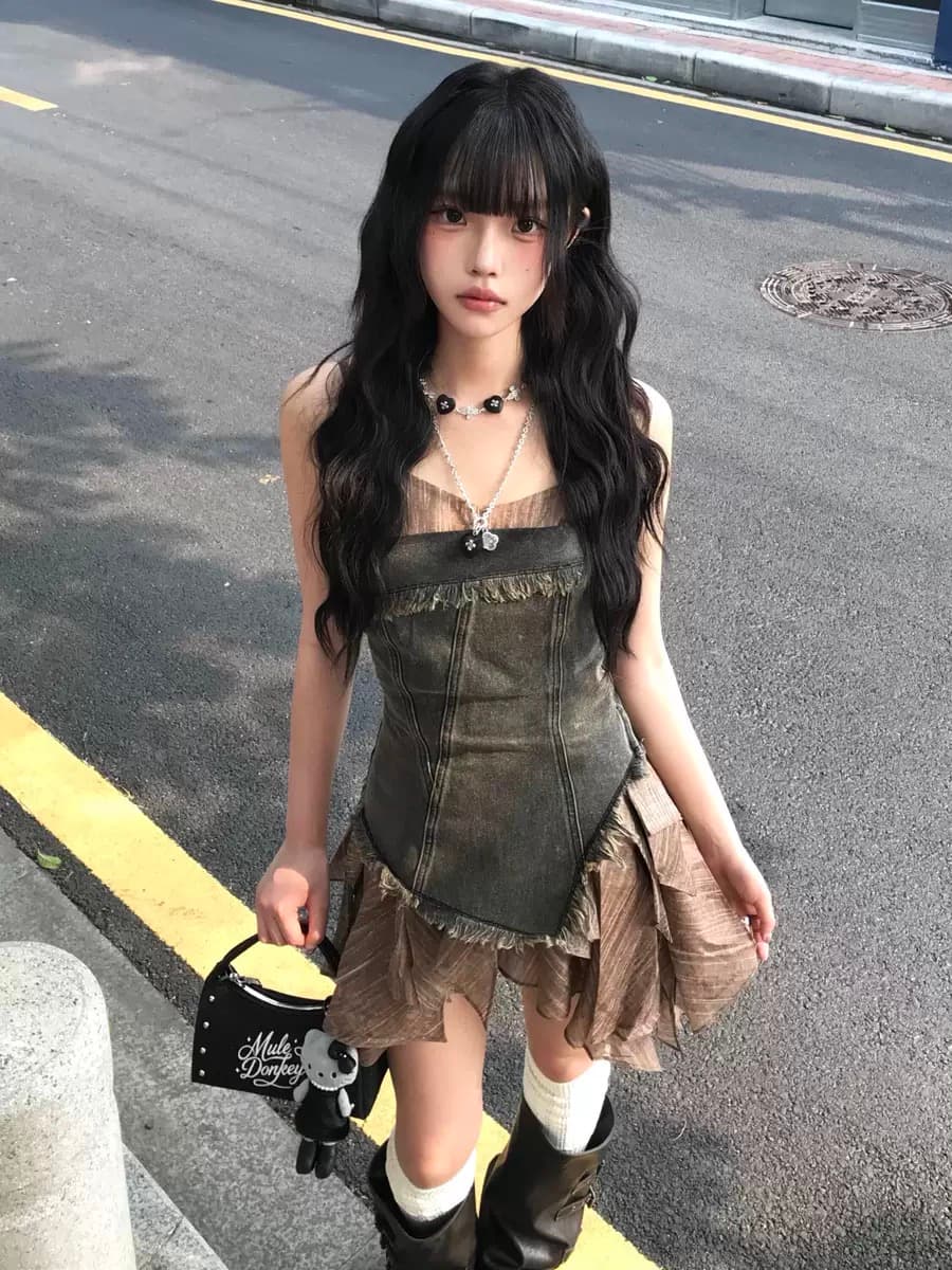 레트로 달콤한 차가운 바람 핫걸 데님 패치워크 슬립 여성 드레스 여름 디자인 센스 불규칙 치마 투피스 세트 상세 이미지 5