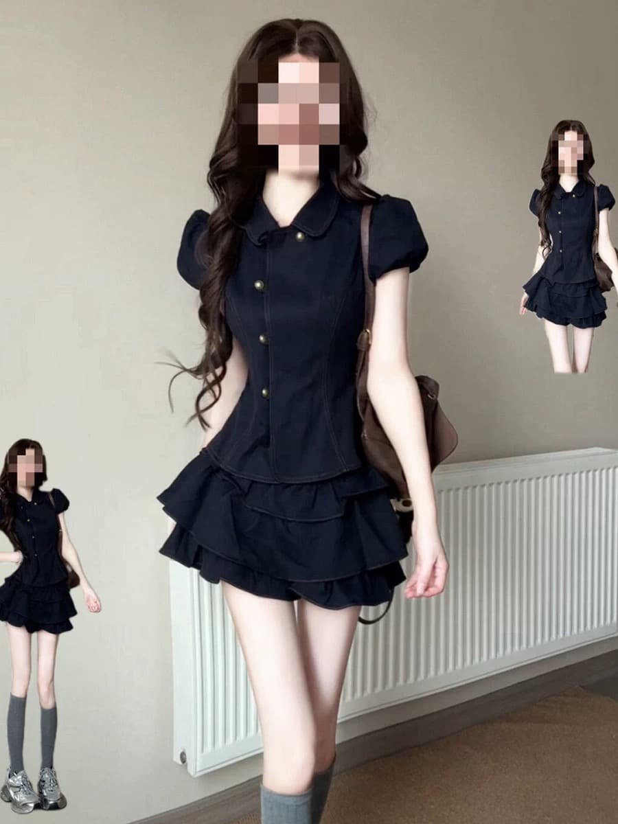 작은 키 달콤한 차가운 학원 스타일 세트 여름 2026 새로운 베이비 칼라 허리 수축 반팔 셔츠 케이크 짧은 치마 상세 이미지 1