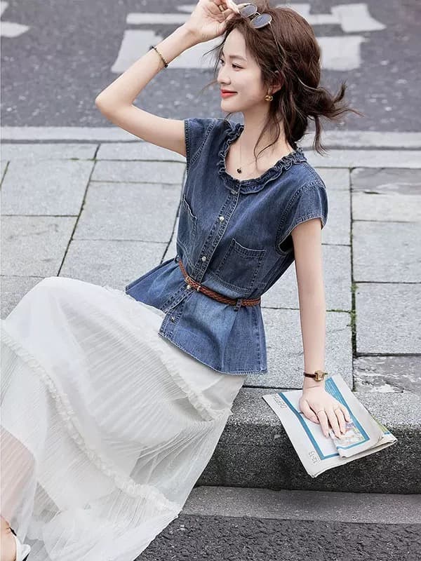 프랑스식 디자인 센스 허리 수축 데님 Feifei 소매 2026 여름 얇은 스타일 패션 슬림해 보이는 고급 센스 셔츠 맨위 여성 상세 이미지 1
