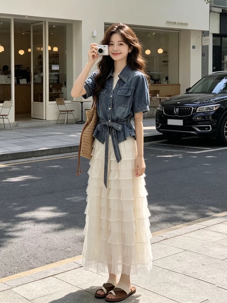 항구 바람 레트로 벨트 원색 데님 셔츠 여성용 짧은 소매 2026 년 여름 새로운 캐주얼 바람 허리 수축 셔츠 상세 이미지 5