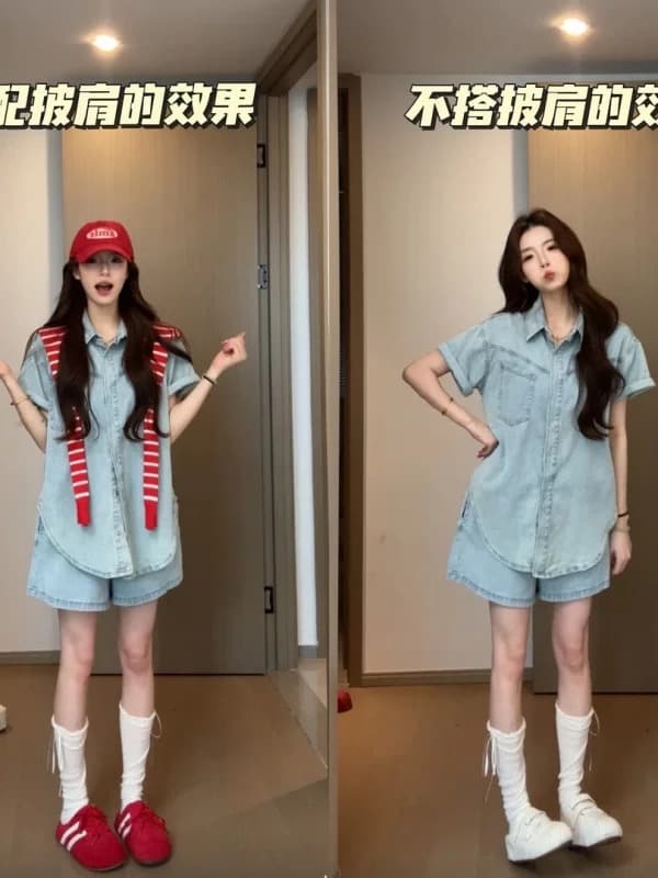 작은 키 착용 가져 가라. 전체 집합 인터넷 유명인 2026 여성 여름 새로운 디자인 센스 데님 얇은 셔츠 반바지 투피스 세트 상세 이미지 2