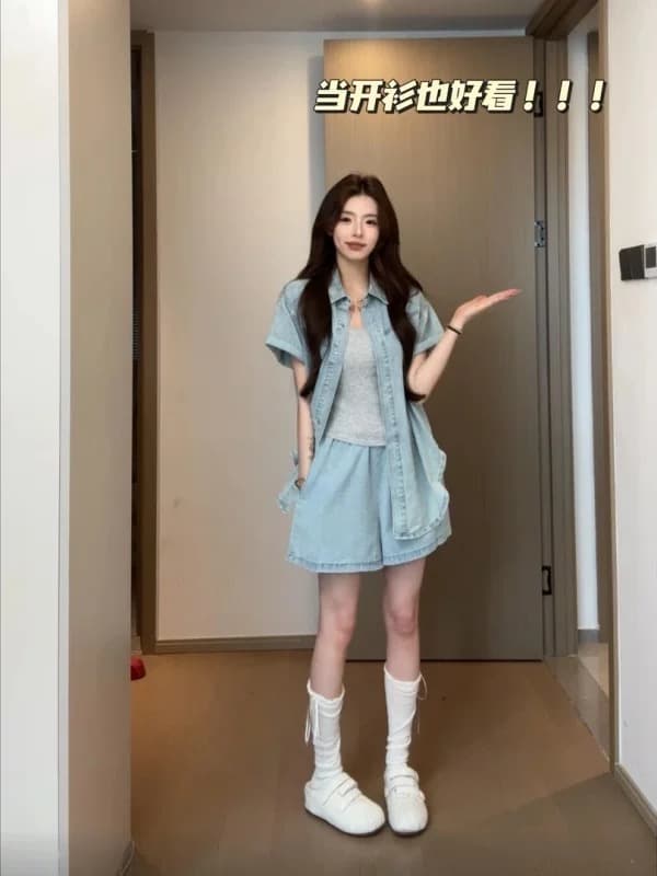 작은 키 착용 가져 가라. 전체 집합 인터넷 유명인 2026 여성 여름 새로운 디자인 센스 데님 얇은 셔츠 반바지 투피스 세트 상세 이미지 3