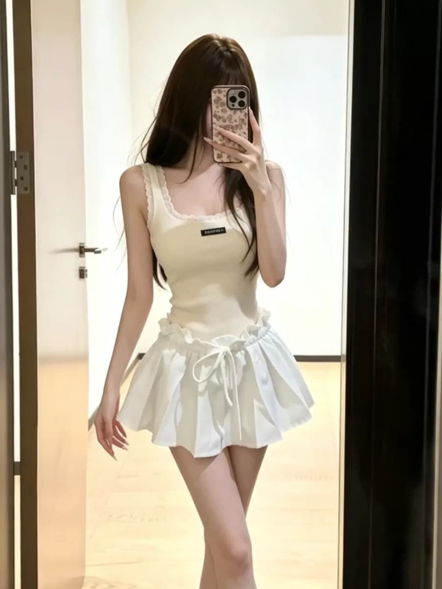 달콤한 스타일 연령 감소 레이스 레이스 u 칼라 캐미솔 여름 하이웨이스트 슬림해 보이는 한 마디 짧은 치마바지 투피스 슈트 상세 이미지 2