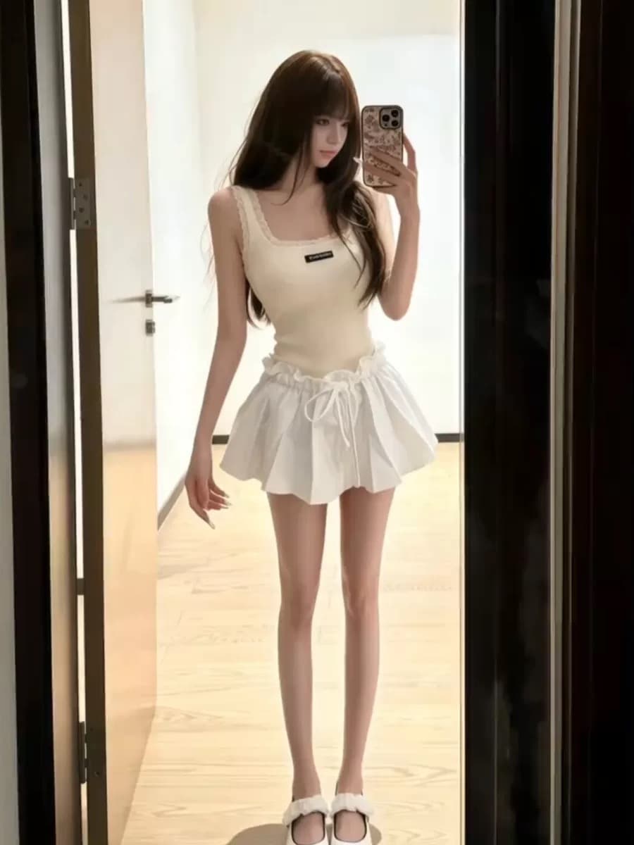달콤한 스타일 연령 감소 레이스 레이스 u 칼라 캐미솔 여름 하이웨이스트 슬림해 보이는 한 마디 짧은 치마바지 투피스 슈트 상세 이미지 3