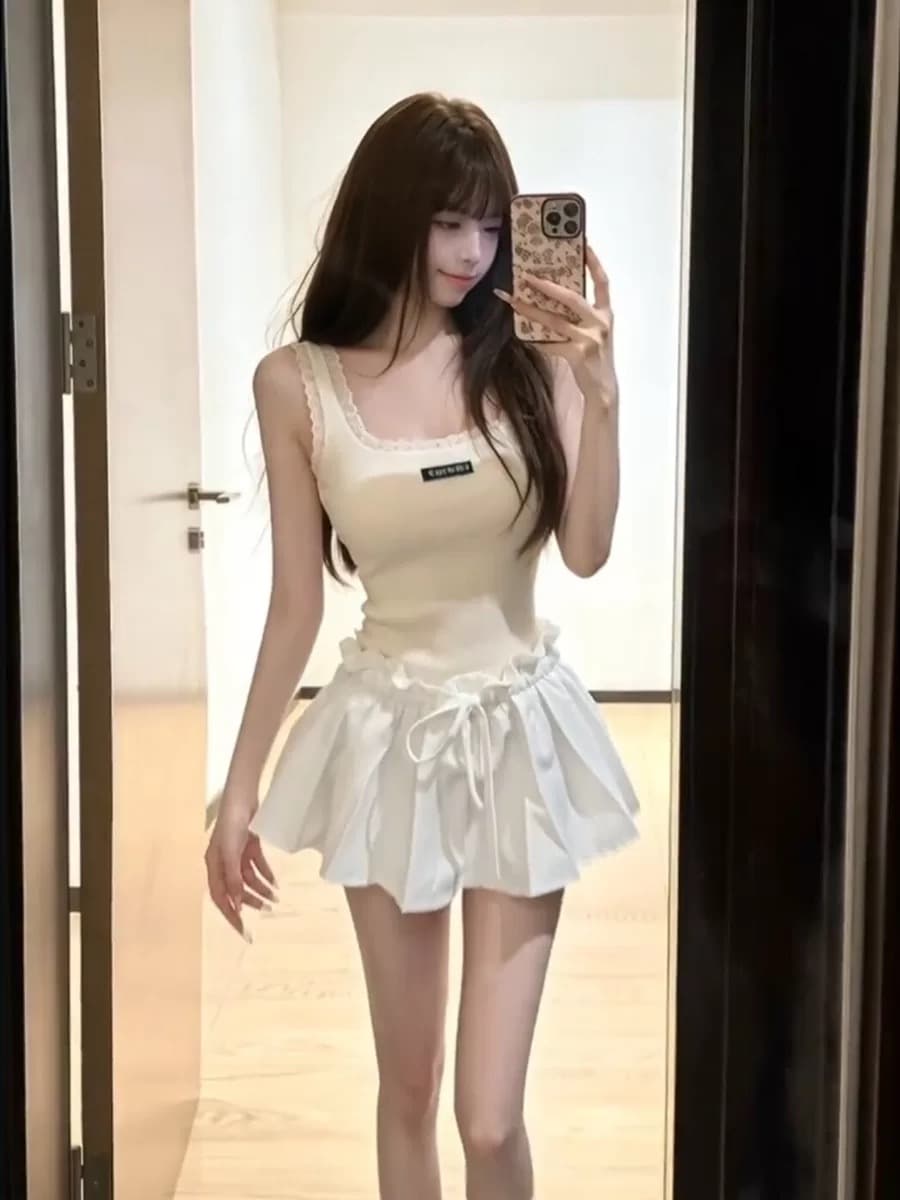 달콤한 스타일 연령 감소 레이스 레이스 u 칼라 캐미솔 여름 하이웨이스트 슬림해 보이는 한 마디 짧은 치마바지 투피스 슈트 상세 이미지 4