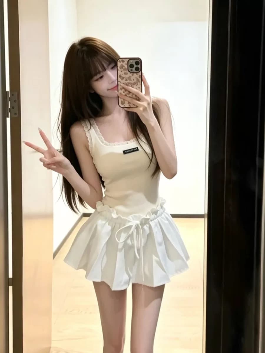 달콤한 스타일 연령 감소 레이스 레이스 u 칼라 캐미솔 여름 하이웨이스트 슬림해 보이는 한 마디 짧은 치마바지 투피스 슈트 상세 이미지 5