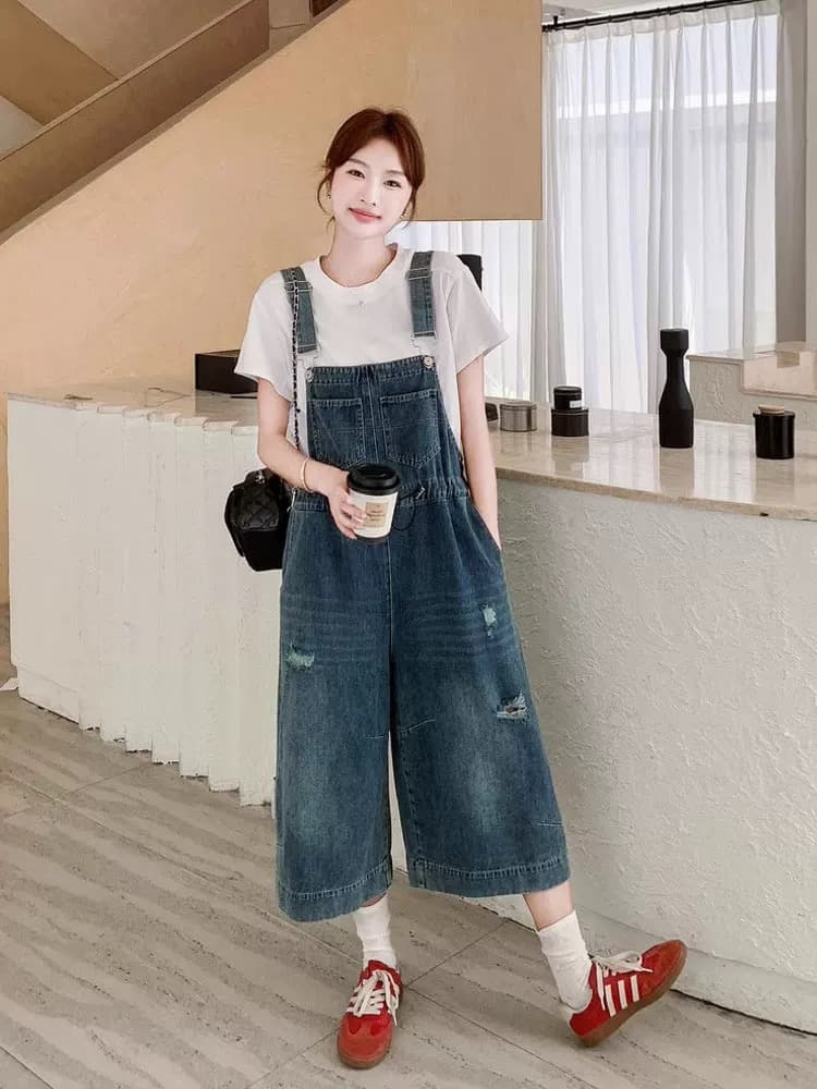 한 부서 연령 감소 데님 멜빵 바지 여성 2026 여름 새로운 찢어진 부분 디자인 센스 작은 대중 캐주얼 넓은 다리 8 점 바지 상세 이미지 1