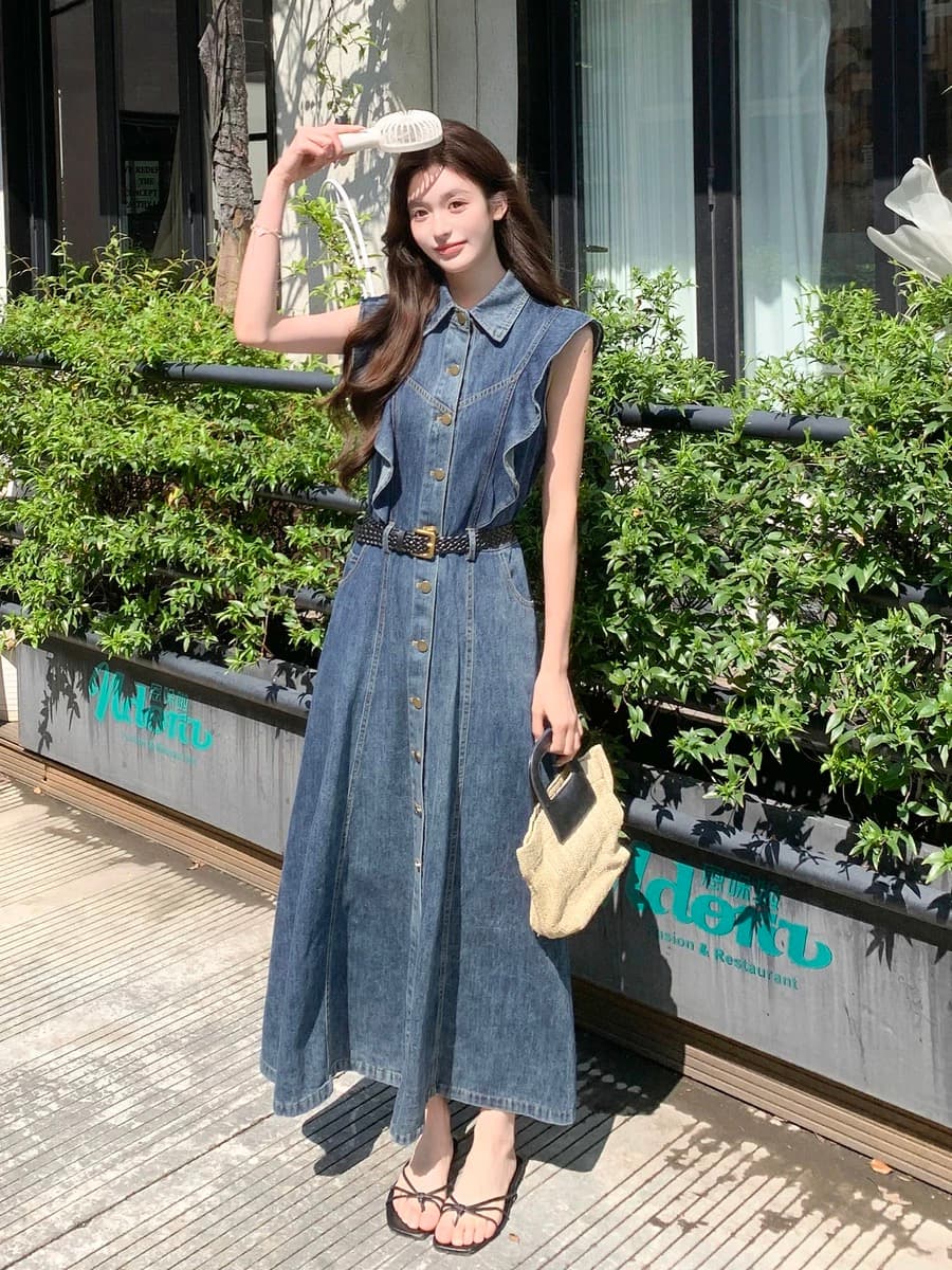 프랑스식 레트로 프릴 Feifei 소매 데님 여성 드레스 2026 여름 품격 허리 수축 싱글 줄 버튼 길다 치마 상세 이미지 3