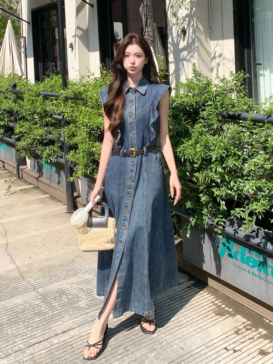프랑스식 레트로 프릴 Feifei 소매 데님 여성 드레스 2026 여름 품격 허리 수축 싱글 줄 버튼 길다 치마 상세 이미지 4
