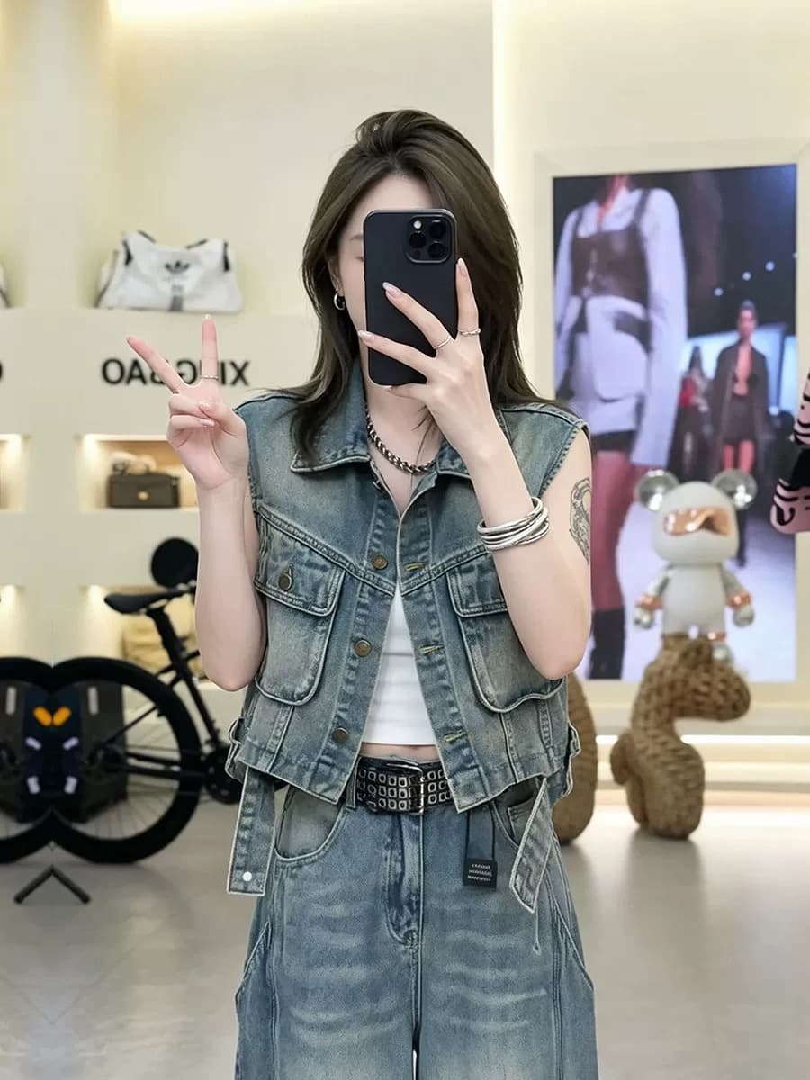 아메리칸 레트로 주머니 데님 조끼 여자 여름 패션 다용도 오토바이 바람 워크웨어 민소매 어깨 조끼 맨위 상세 이미지 1