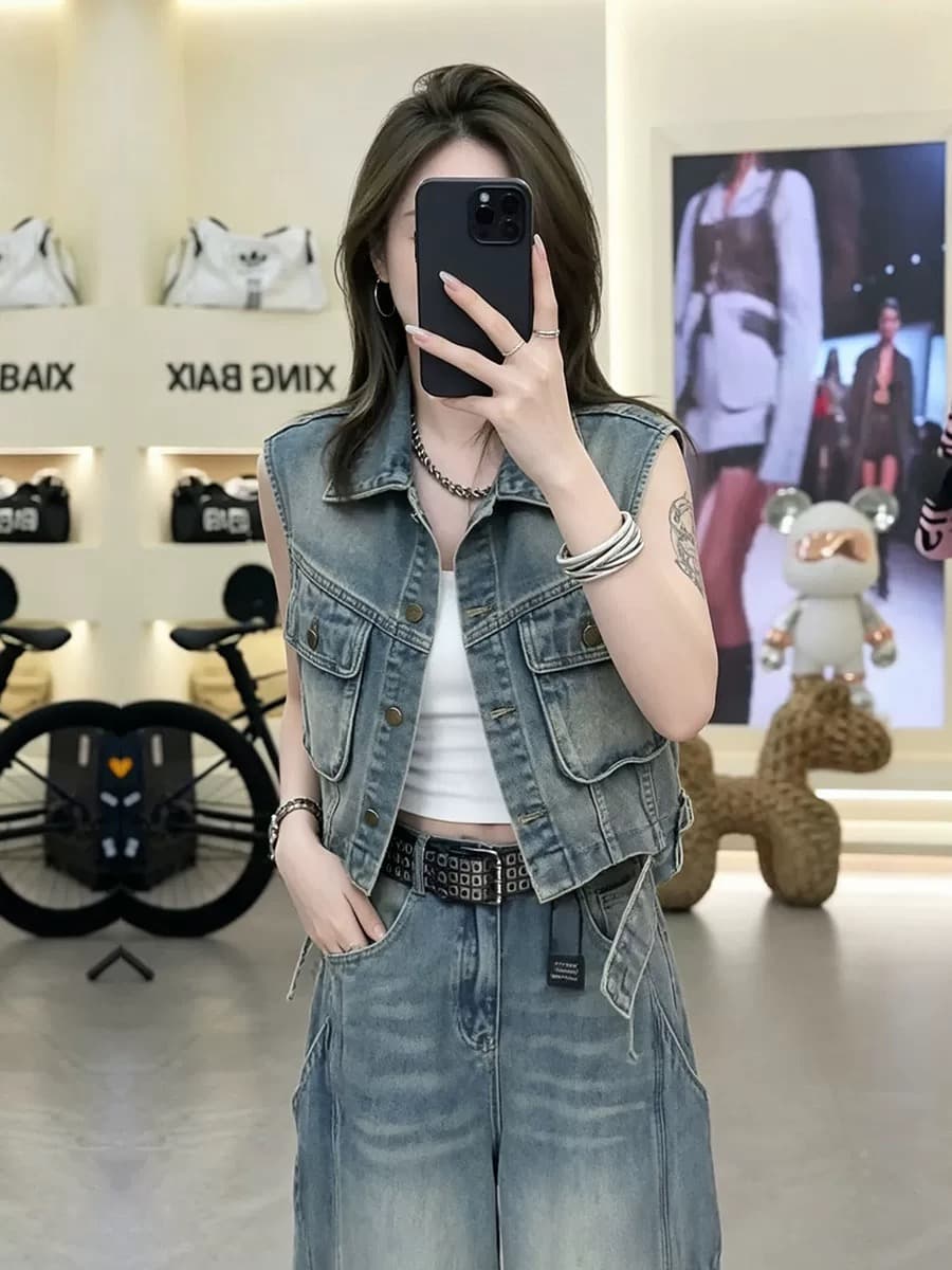 아메리칸 레트로 주머니 데님 조끼 여자 여름 패션 다용도 오토바이 바람 워크웨어 민소매 어깨 조끼 맨위 상세 이미지 2