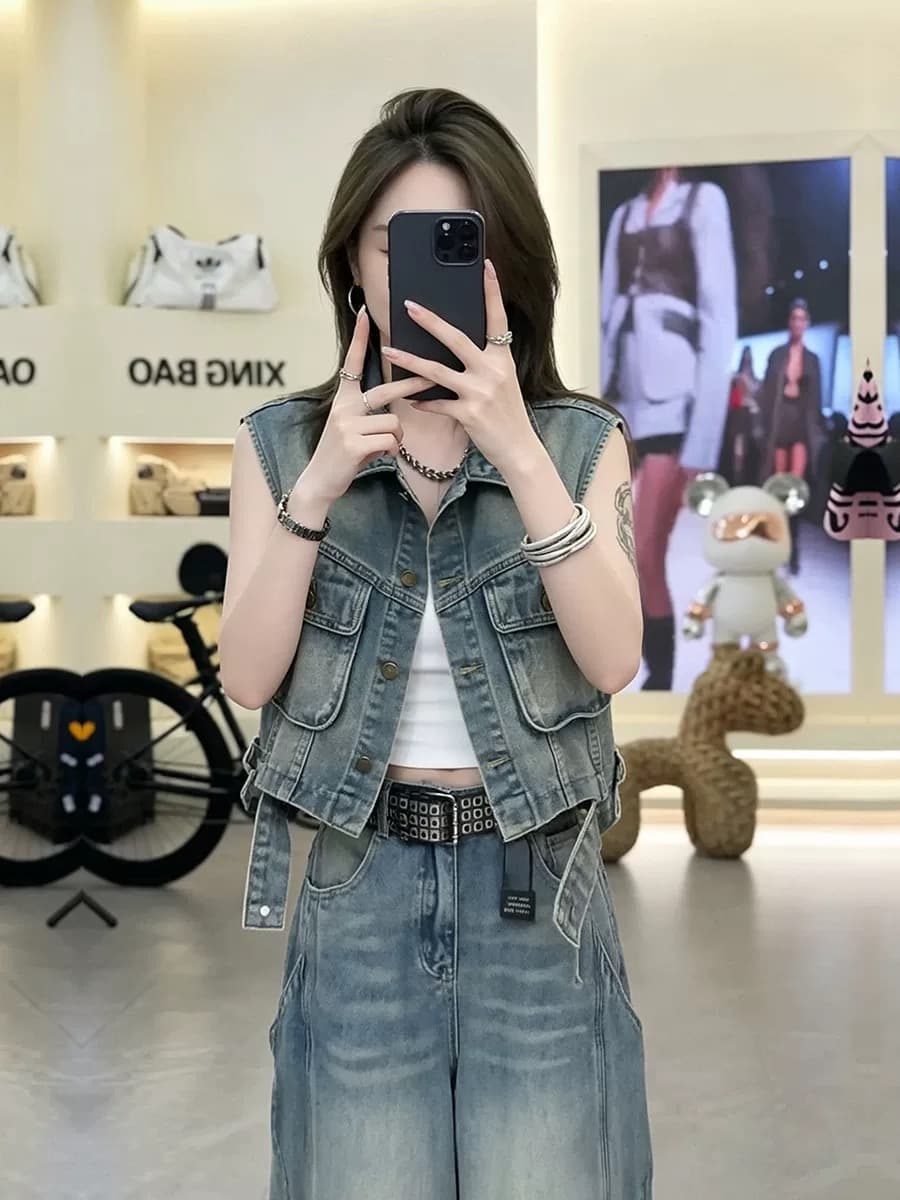 아메리칸 레트로 주머니 데님 조끼 여자 여름 패션 다용도 오토바이 바람 워크웨어 민소매 어깨 조끼 맨위 상세 이미지 4