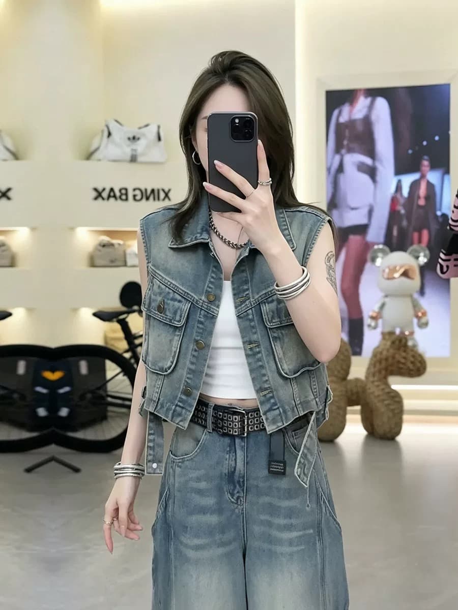 아메리칸 레트로 주머니 데님 조끼 여자 여름 패션 다용도 오토바이 바람 워크웨어 민소매 어깨 조끼 맨위 상세 이미지 5