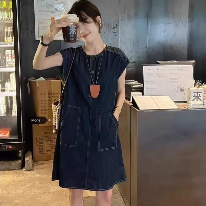 프랑스식 레트로 라운드 넥 조끼 여성 드레스 2026 여름 새로운 한국 스타일 루즈핏 슬림해 보이는 데님 롱 스커트 학생 이미지 5
