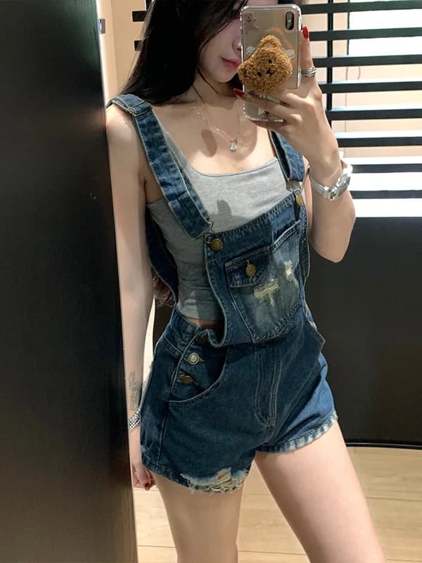 리 리 의류 달콤한 매운맛 아메리칸 찢어진 부분 데님 멜빵 반바지 여성 2026 년 여름 마 오래된 슬림해 보이는 올인원 반바지