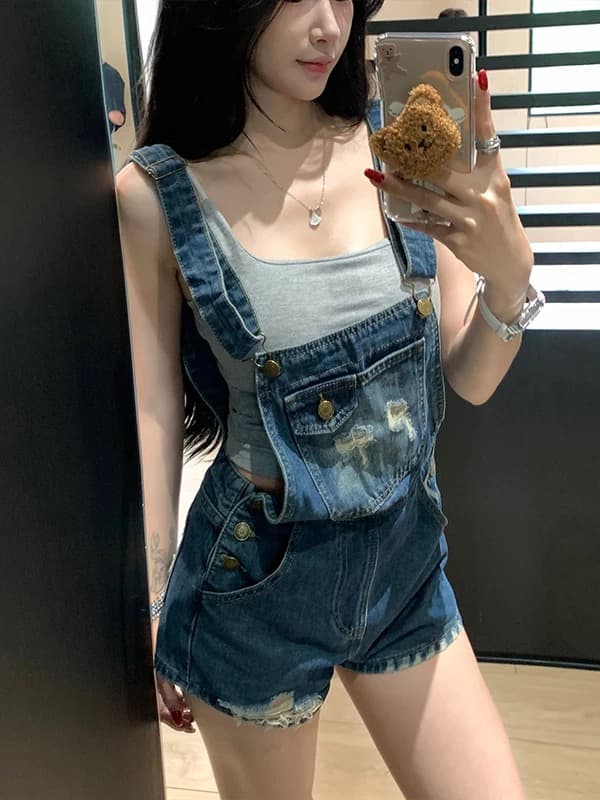 리 리 의류 달콤한 매운맛 아메리칸 찢어진 부분 데님 멜빵 반바지 여성 2026 년 여름 마 오래된 슬림해 보이는 올인원 반바지 상세 이미지 2