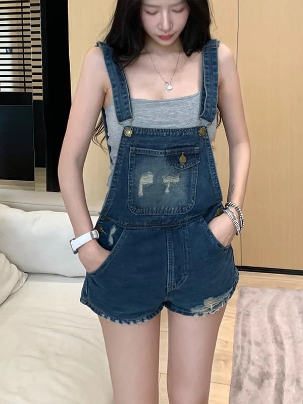 리 리 의류 달콤한 매운맛 아메리칸 찢어진 부분 데님 멜빵 반바지 여성 2026 년 여름 마 오래된 슬림해 보이는 올인원 반바지 상세 이미지 4