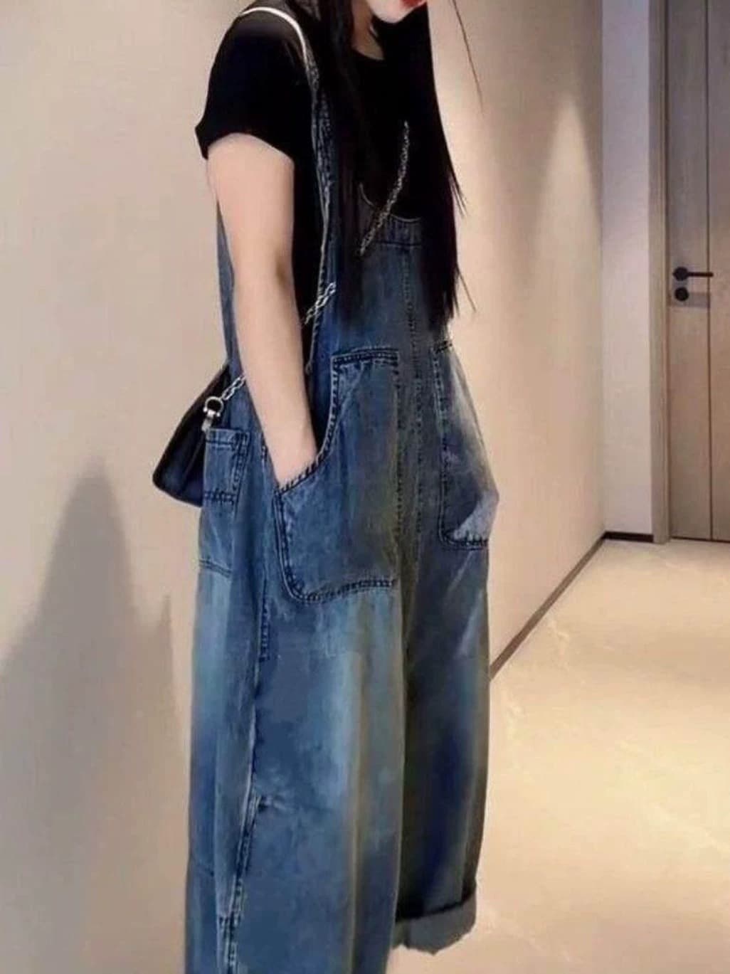 패션 디자인 루즈핏 느긋한 빅 사이즈 데님 멜빵 바지 여성 학원 스타일 달콤한 차가운 표지 고기 슬림해 보이는 외국 가스 올인원 바지 이미지 3