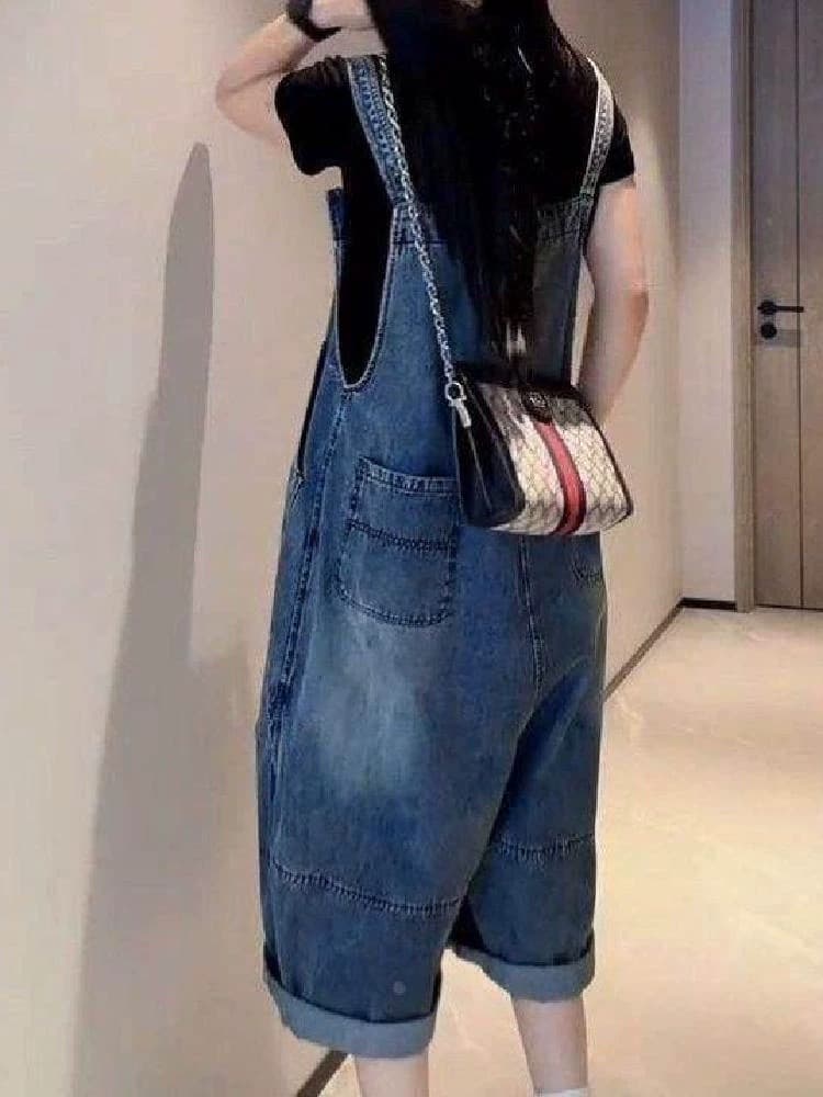 패션 디자인 루즈핏 느긋한 빅 사이즈 데님 멜빵 바지 여성 학원 스타일 달콤한 차가운 표지 고기 슬림해 보이는 외국 가스 올인원 바지 상세 이미지 5