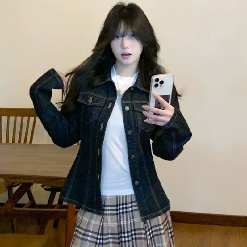 아메리칸 레트로 파란색 데님 여성 코트 2026 새로운 가을 캐주얼 폴로 칼라 작은 키 쇼트 스타일 재킷 맨위 이미지 5