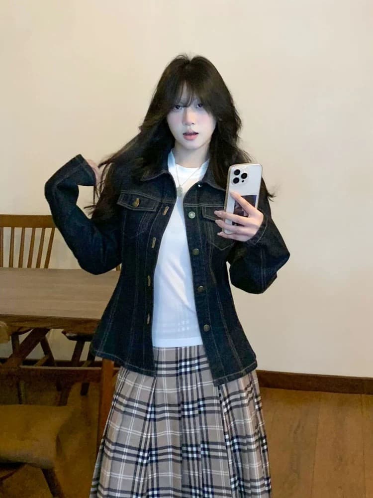 아메리칸 레트로 파란색 데님 여성 코트 2026 새로운 가을 캐주얼 폴로 칼라 작은 키 쇼트 스타일 재킷 맨위 상세 이미지 4