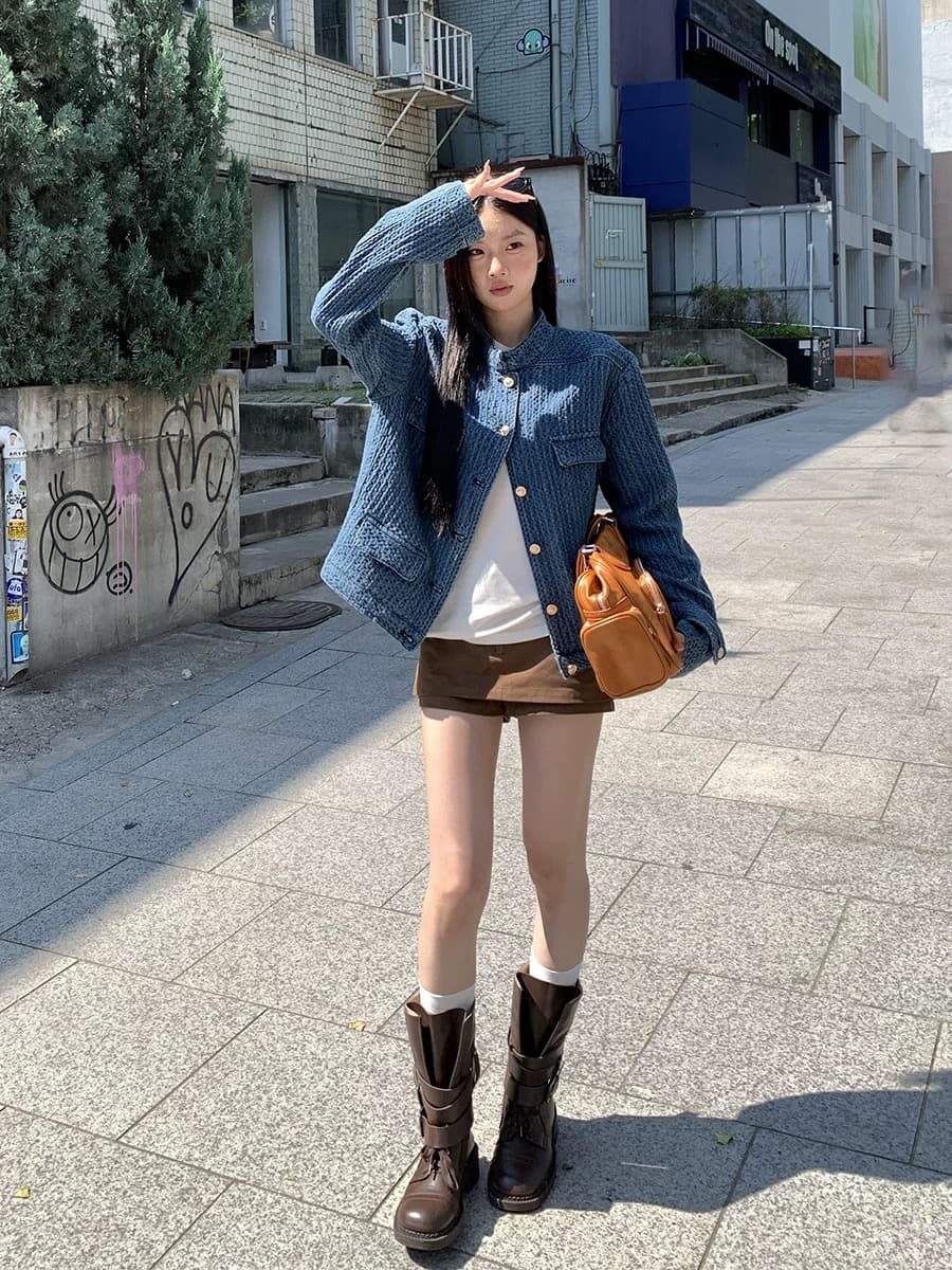 레드 맨 파빌리온 카우보이 바깥 세트 여자 봄 가을 2026 새로운 작은 샤넬 스타일 절묘한 아름다운 자이언트 잘 생긴 파란색 맨위 상세 이미지 2