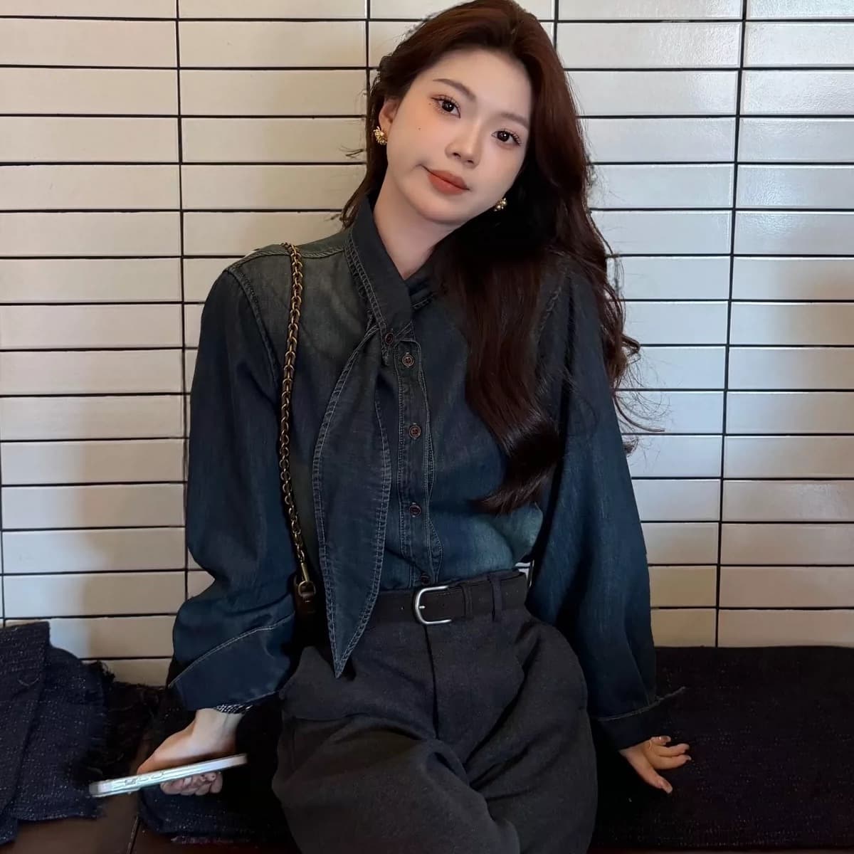 빈 하이 Breeze 레트로 항구 바람 파란색 넥타이 데님 여성 셔츠 두꺼운 스택 착용 루즈핏 긴팔 셔츠 겨울 이미지 5