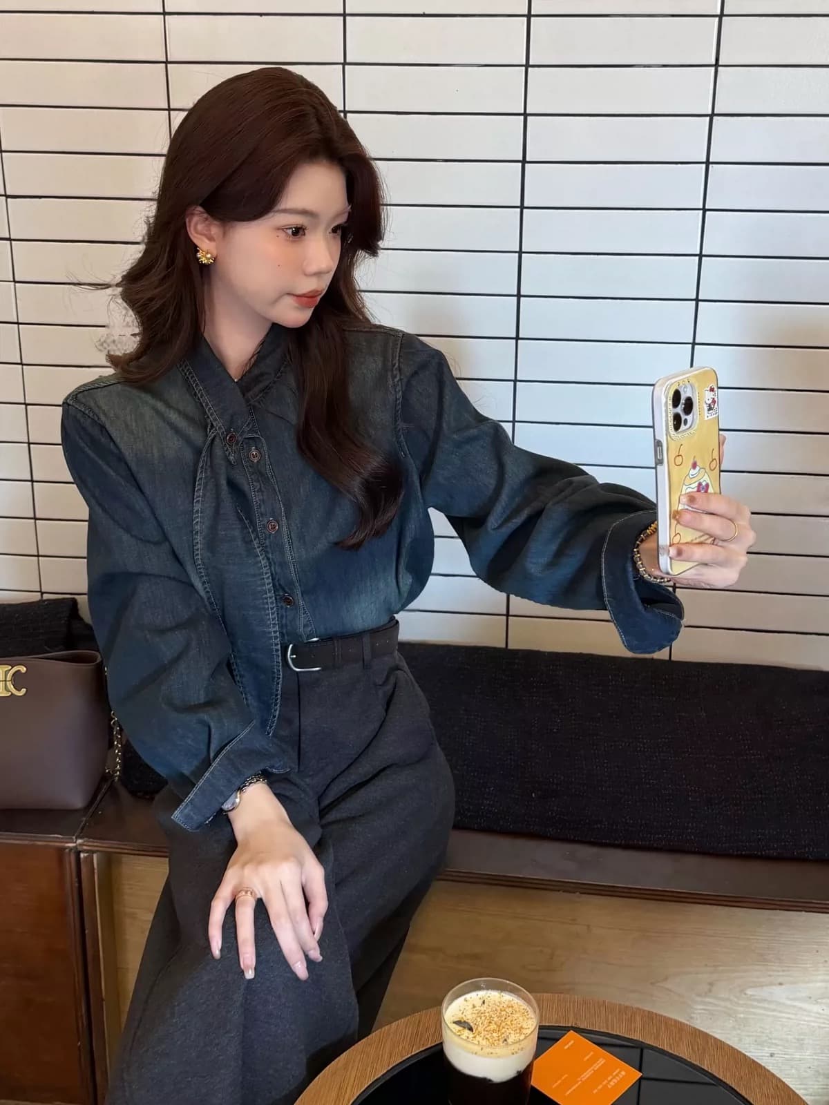 빈 하이 Breeze 레트로 항구 바람 파란색 넥타이 데님 여성 셔츠 두꺼운 스택 착용 루즈핏 긴팔 셔츠 겨울 상세 이미지 3