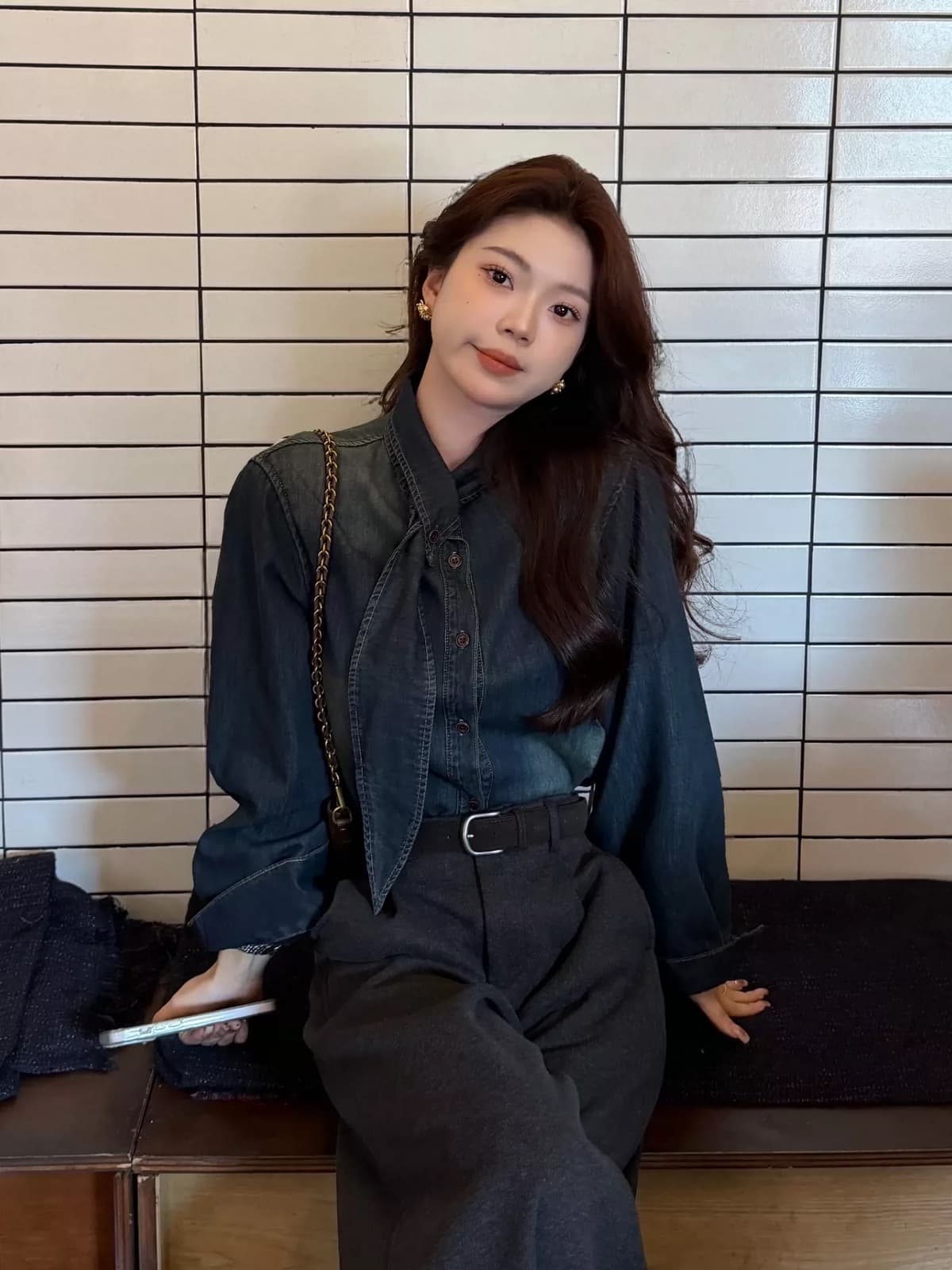 빈 하이 Breeze 레트로 항구 바람 파란색 넥타이 데님 여성 셔츠 두꺼운 스택 착용 루즈핏 긴팔 셔츠 겨울 상세 이미지 5