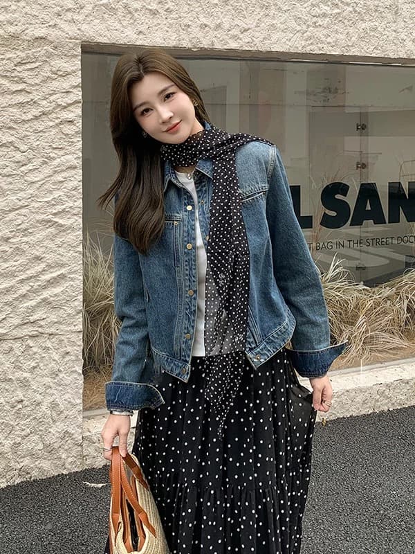 아메리칸 레트로 폴로 칼라 데님 여성 코트 봄 가을 새로운 작은 키 캐주얼 루즈핏 슬림해 보이는 쇼트 스타일 재킷 맨위 상세 이미지 1