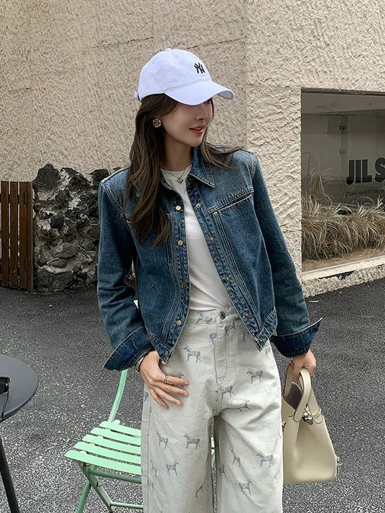 아메리칸 레트로 폴로 칼라 데님 여성 코트 봄 가을 새로운 작은 키 캐주얼 루즈핏 슬림해 보이는 쇼트 스타일 재킷 맨위 상세 이미지 2
