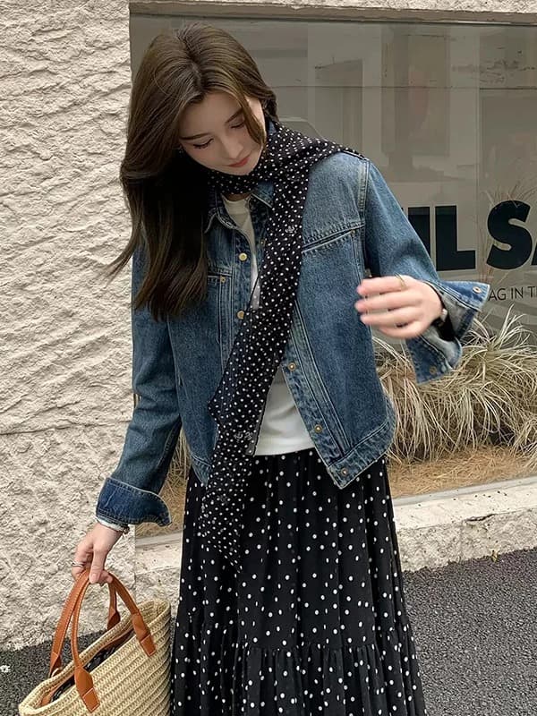 아메리칸 레트로 폴로 칼라 데님 여성 코트 봄 가을 새로운 작은 키 캐주얼 루즈핏 슬림해 보이는 쇼트 스타일 재킷 맨위 상세 이미지 3