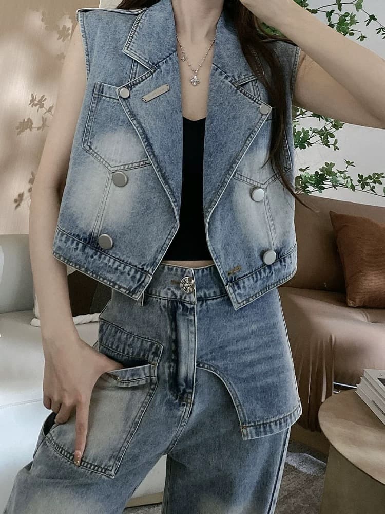 디자인 센스 폴로 칼라 이중 버튼 레트로 데님 베스트 여자 2026 여름 새로운 민소매 어깨 조끼 자켓 상세 이미지 1