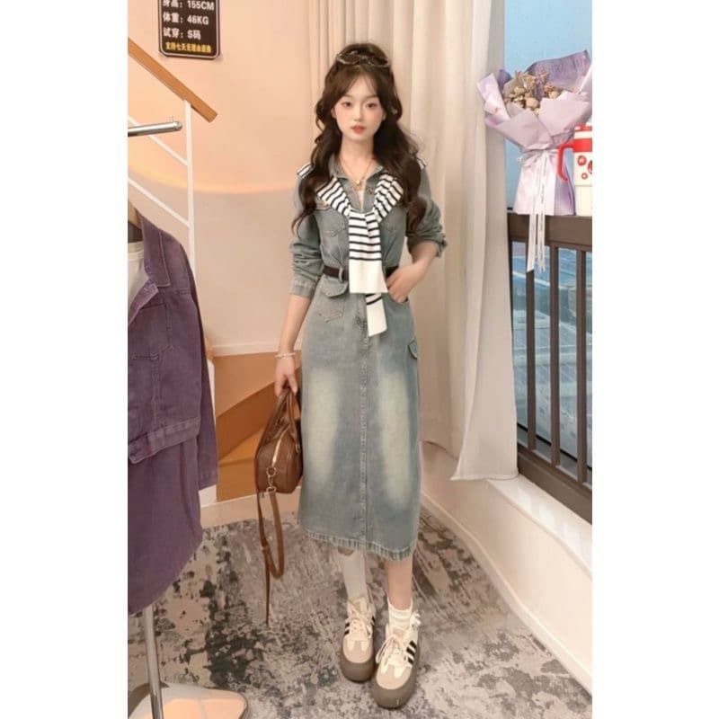 드레스 슈퍼 요정 휴가 바람 레트로 워싱 데님 미니 스커트 여성 봄 가을 새로운 달콤한 핫걸 폴로 칼라 허리 수축 미니 스커트