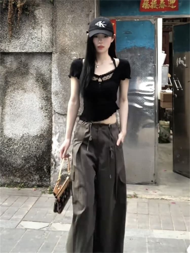 원본 원단 반팔 티셔츠 여성 26 새로운 폭발 Z아 어깨 몸매 가꾸기 검정색 쇼트 스타일 고유 한 슈퍼 잘 생긴 맨위 상세 이미지 3