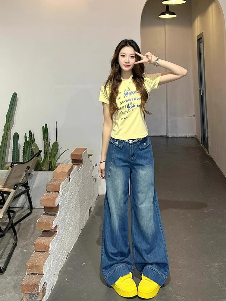 원본 원단 아메리칸 레트로 도파민 낙서 황색 긍정적 인 어깨 반팔 티셔츠 여성 여름 몸매 가꾸기 핫걸 맨위 이미지 2