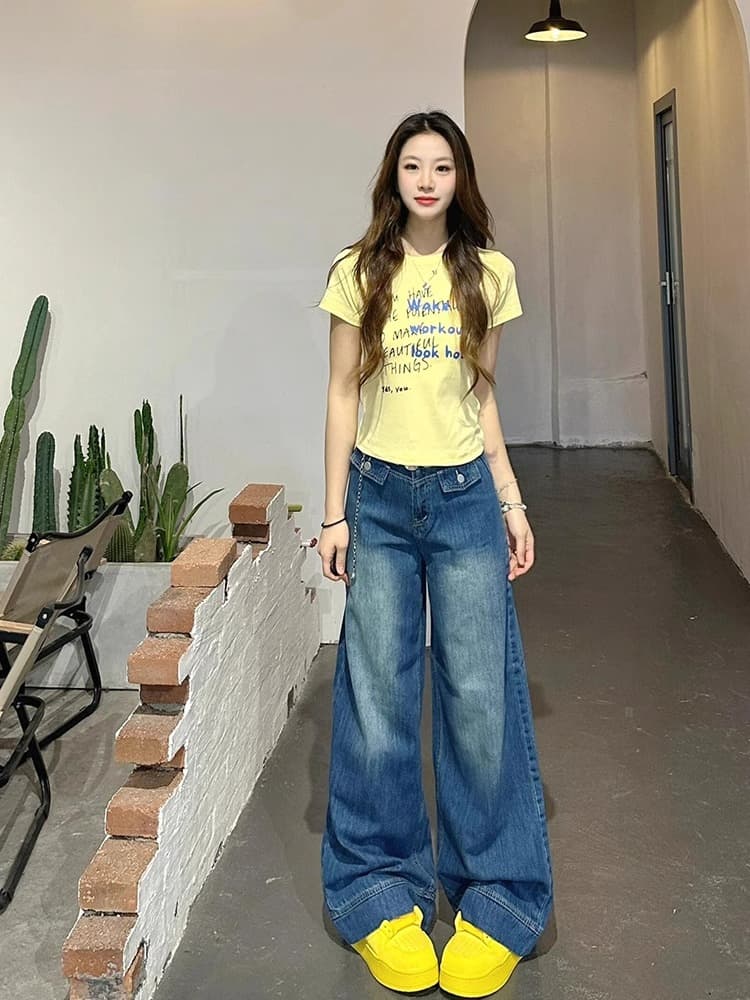 원본 원단 아메리칸 레트로 도파민 낙서 황색 긍정적 인 어깨 반팔 티셔츠 여성 여름 몸매 가꾸기 핫걸 맨위 상세 이미지 4