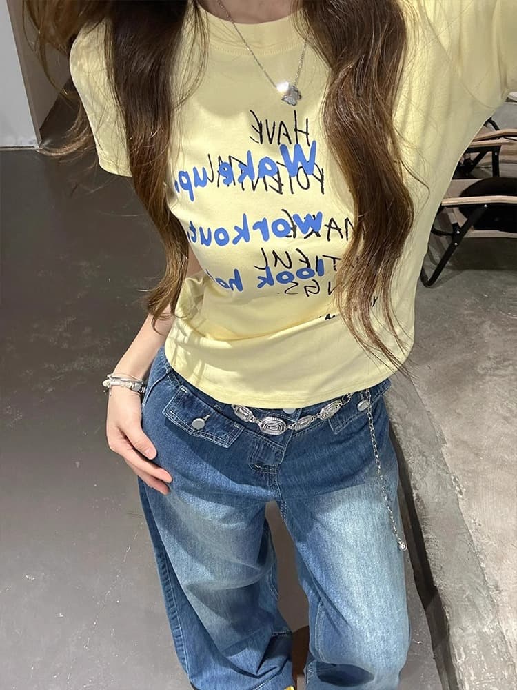 원본 원단 아메리칸 레트로 도파민 낙서 황색 긍정적 인 어깨 반팔 티셔츠 여성 여름 몸매 가꾸기 핫걸 맨위 상세 이미지 5
