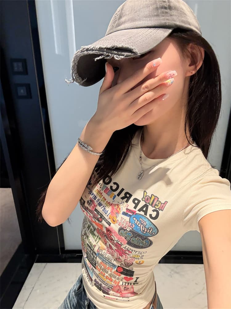 원본 원단 라운드 넥 쇼트 스타일 프린트 티셔츠 여성 봄 여름 몸매 가꾸기 긍정적 인 어깨 아메리칸 레트로 슬림해 보이는 반팔 맨위 이미지 2