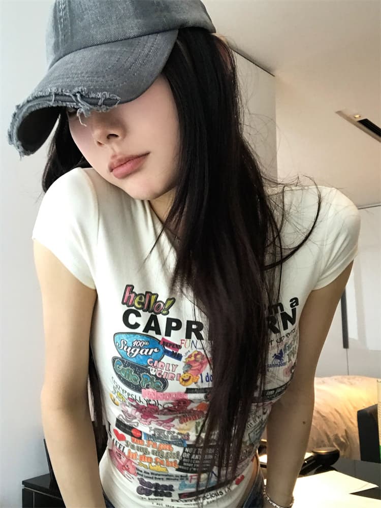 원본 원단 라운드 넥 쇼트 스타일 프린트 티셔츠 여성 봄 여름 몸매 가꾸기 긍정적 인 어깨 아메리칸 레트로 슬림해 보이는 반팔 맨위 이미지 3
