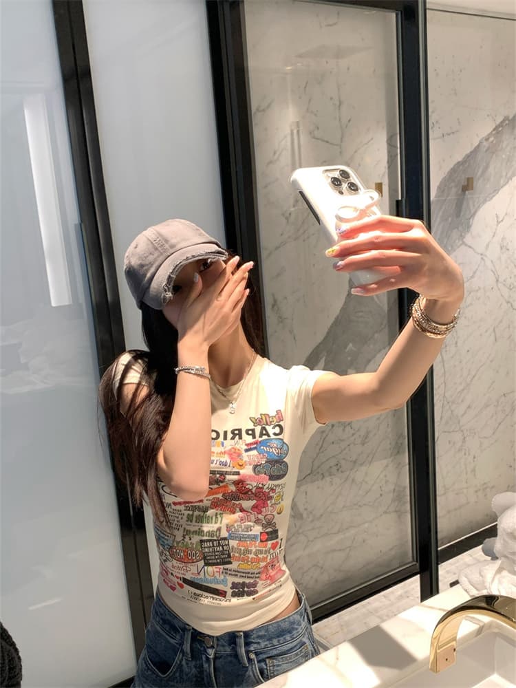 원본 원단 라운드 넥 쇼트 스타일 프린트 티셔츠 여성 봄 여름 몸매 가꾸기 긍정적 인 어깨 아메리칸 레트로 슬림해 보이는 반팔 맨위 상세 이미지 3