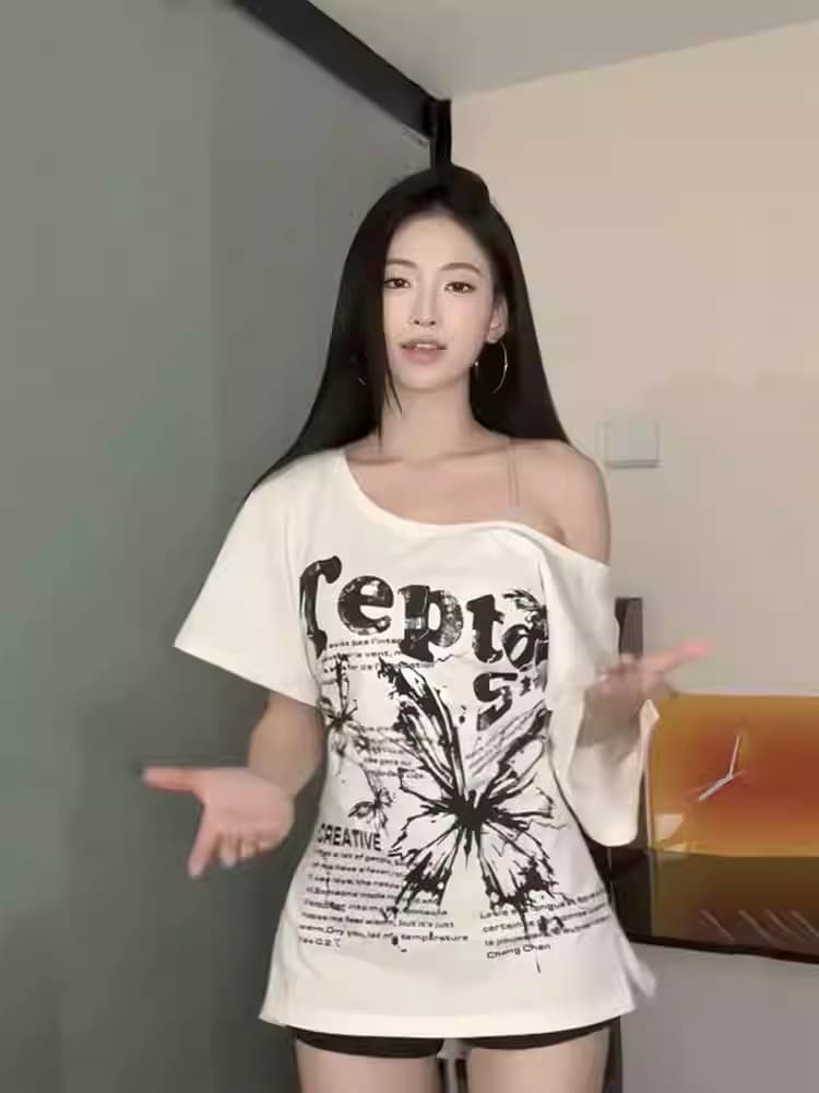 1 1 모달 비스듬한 어깨 나비 매듭 프린트 반팔 티셔츠 여성 여름 새로운 캐주얼 느긋한 루즈핏 오프숄더 맨위 이미지 2