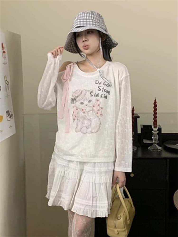 원본 원단 봄 가을 새로운 새끼 고양이 프린트 긴팔 티셔츠 여성 달콤함 디자인 센스 루즈핏 느긋한 오프숄더 맨위 이미지 3