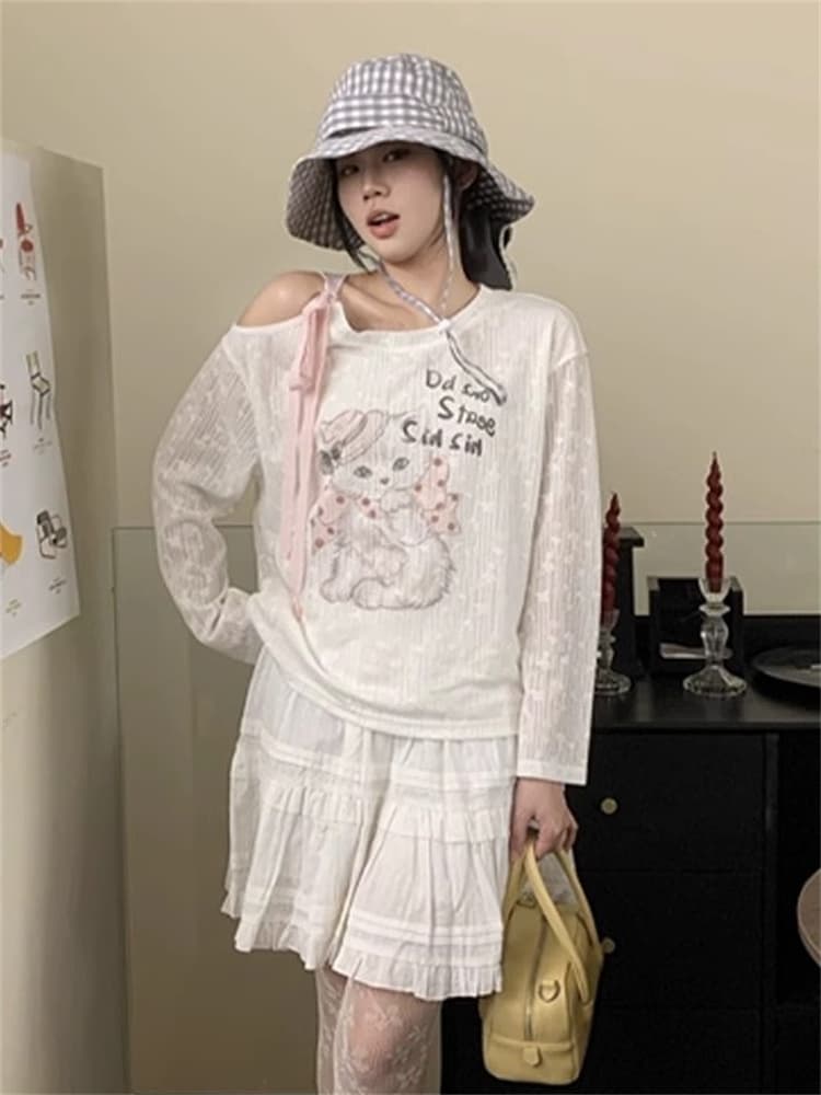 원본 원단 봄 가을 새로운 새끼 고양이 프린트 긴팔 티셔츠 여성 달콤함 디자인 센스 루즈핏 느긋한 오프숄더 맨위 상세 이미지 2