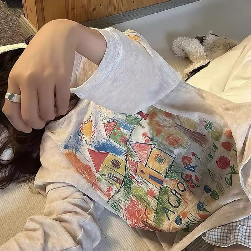 광저우 원본 원단 색상 수채화 낙서 자외선 차단 블라우스 여성 망사 루즈핏 긴 소매 티셔츠 이미지 5