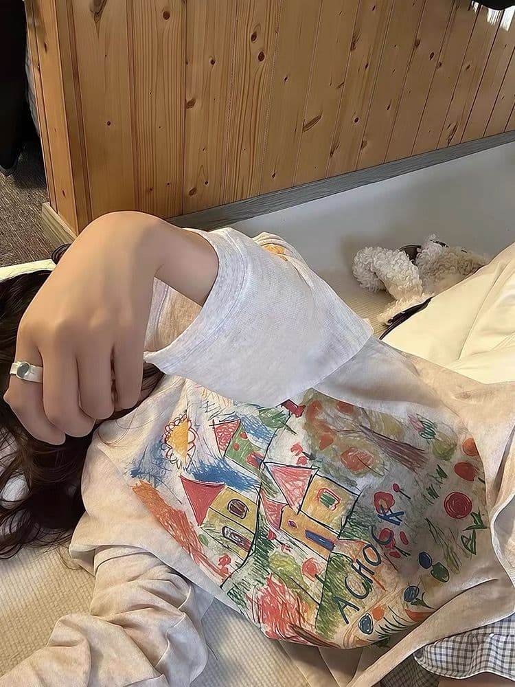 광저우 원본 원단 색상 수채화 낙서 자외선 차단 블라우스 여성 망사 루즈핏 긴 소매 티셔츠 상세 이미지 5