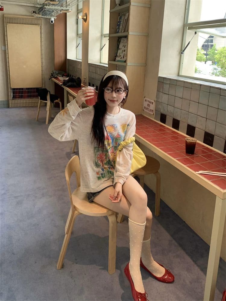 원본 원단 한국 스타일 작은 대중 수채화 낙서 약간 긴팔 티셔츠 여성 여름 자외선 차단 루즈핏 라운드 넥 블라우스 맨위 이미지 2