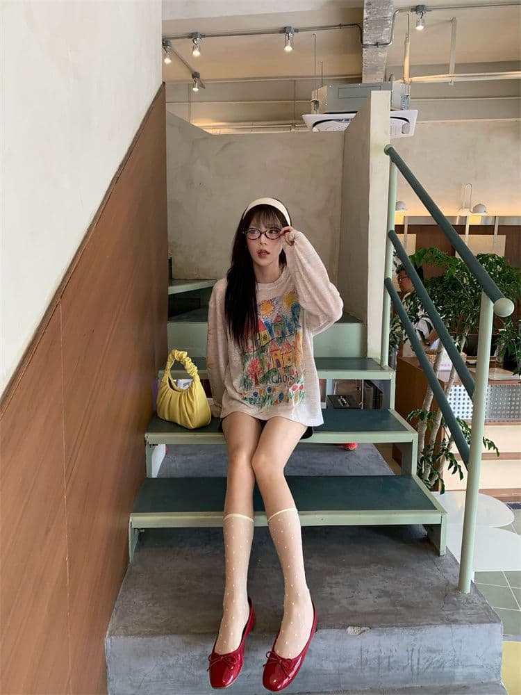 원본 원단 한국 스타일 작은 대중 수채화 낙서 약간 긴팔 티셔츠 여성 여름 자외선 차단 루즈핏 라운드 넥 블라우스 맨위 이미지 4