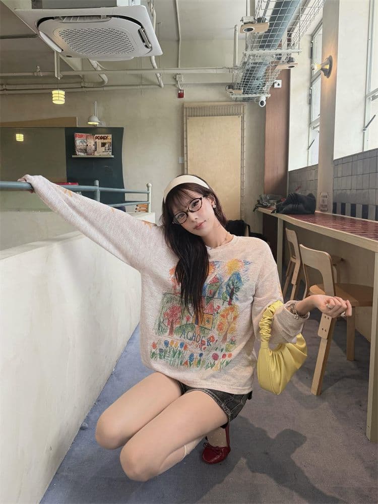 원본 원단 한국 스타일 작은 대중 수채화 낙서 약간 긴팔 티셔츠 여성 여름 자외선 차단 루즈핏 라운드 넥 블라우스 맨위 상세 이미지 1