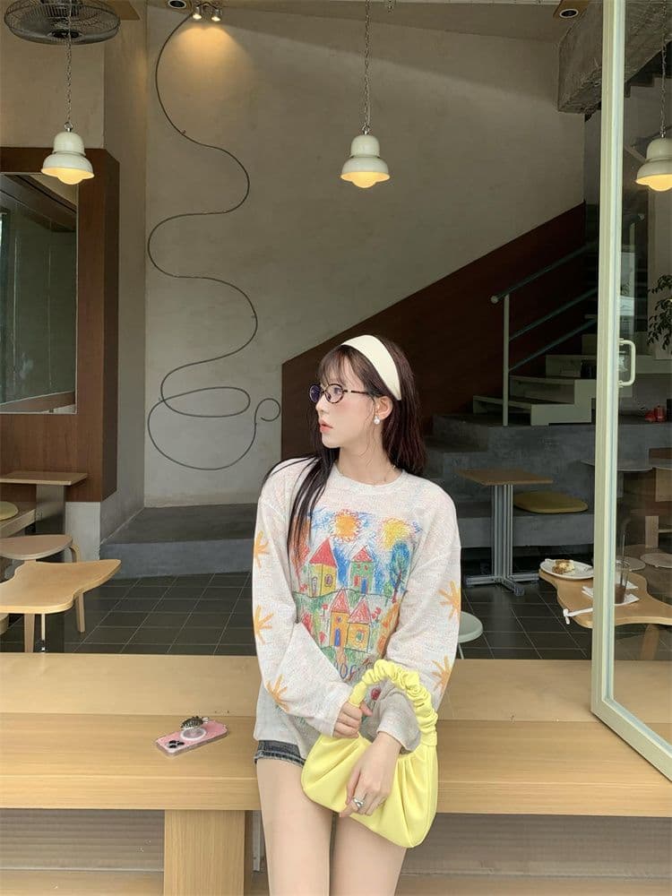 원본 원단 한국 스타일 작은 대중 수채화 낙서 약간 긴팔 티셔츠 여성 여름 자외선 차단 루즈핏 라운드 넥 블라우스 맨위 상세 이미지 4